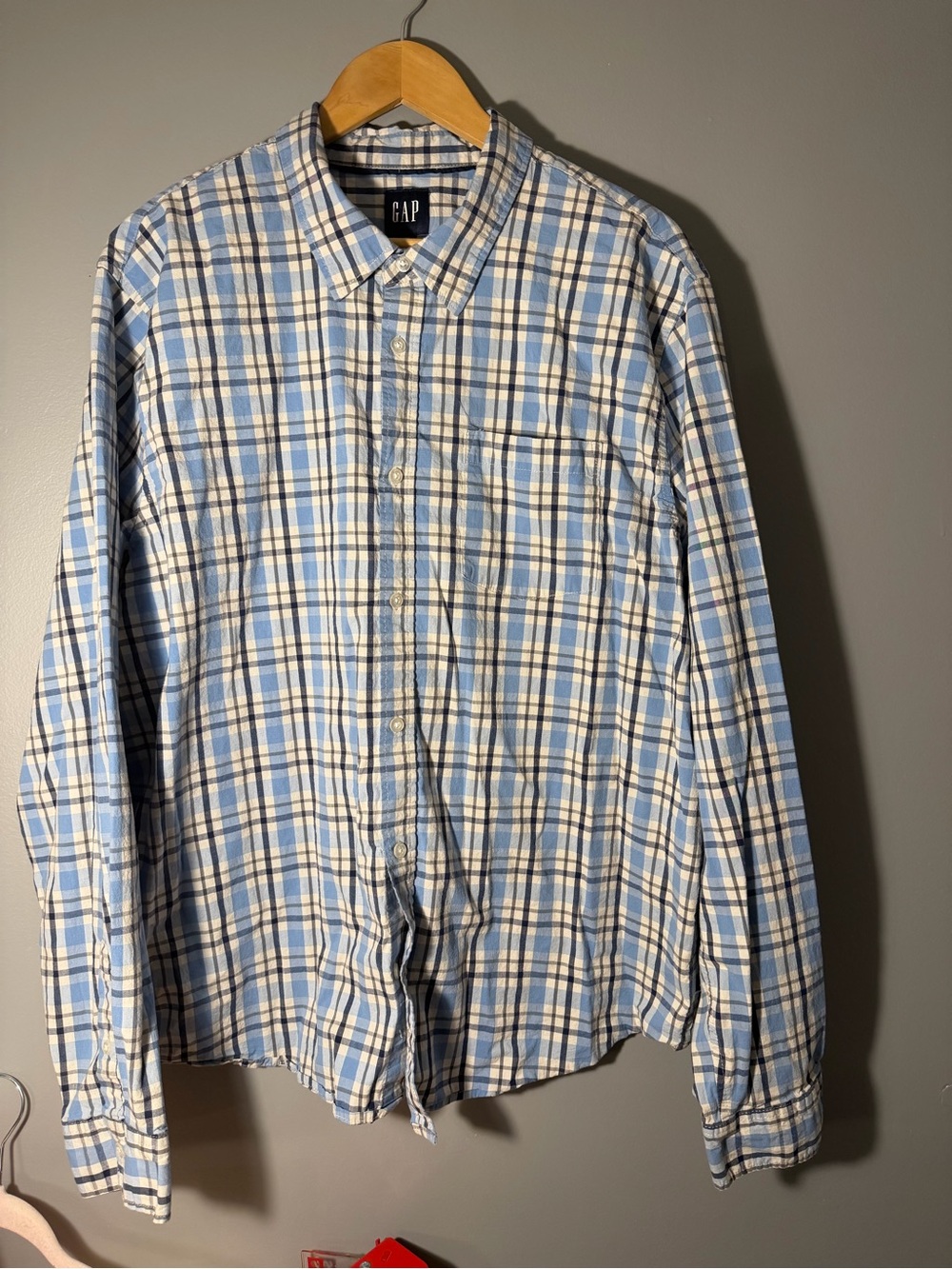 GAP Light Blue and White Plaid Button-Down Shirt